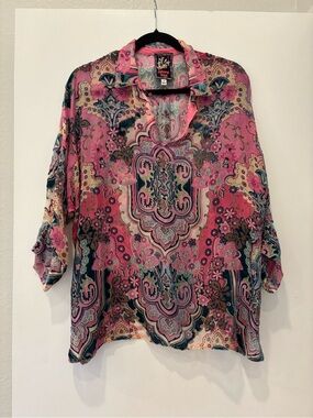 Johnny Was silk Pink Paisley Print Pullover Collared button tunic Blouse boho